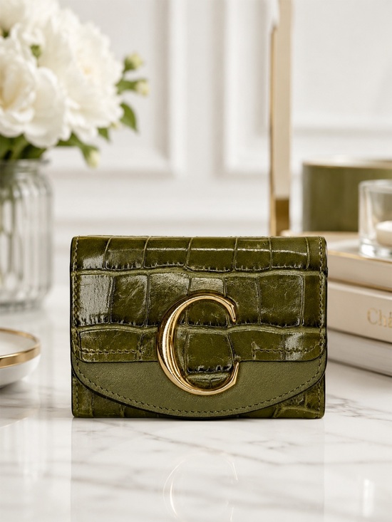 Chloe Handbags - Chloé C Croc Embossed Trifold Wallet Olive Green | Gold Hardware | Compact